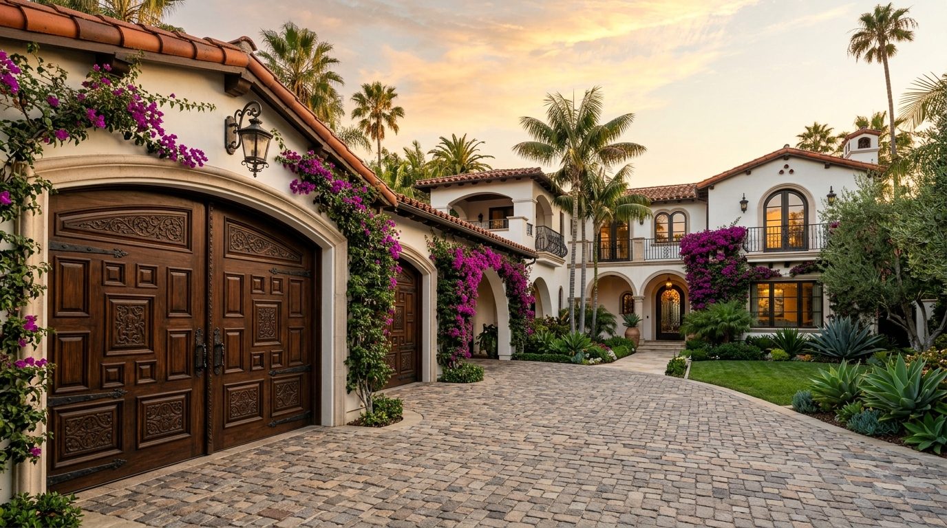 Henry Ward Garage Door Masters Exterior Closed Garage Door at Twilight